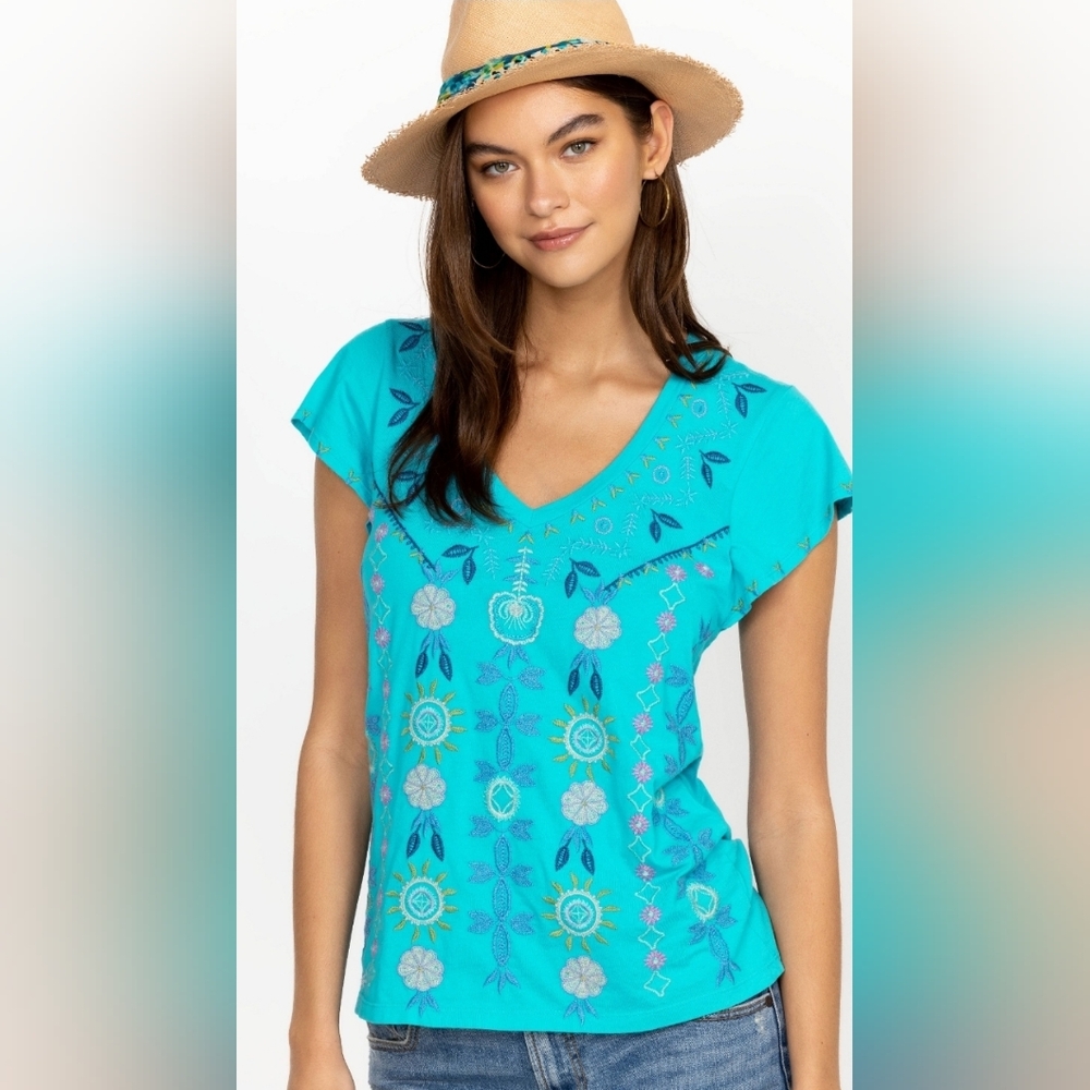 Johnny Was Turquoise Oriel Flutter Sleeve Floral Embroidered Top Size S